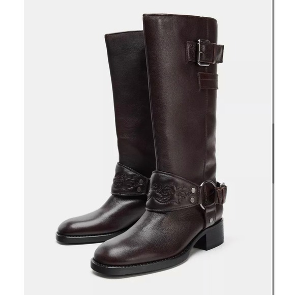 Zara Shoes - Zara Leather Embroidered Flat Boots – Brown – Women's US 6.5 – NWT